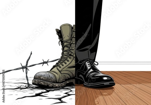 Conceptual illustration of a soldier's life versus civilian life, a veteran's transition