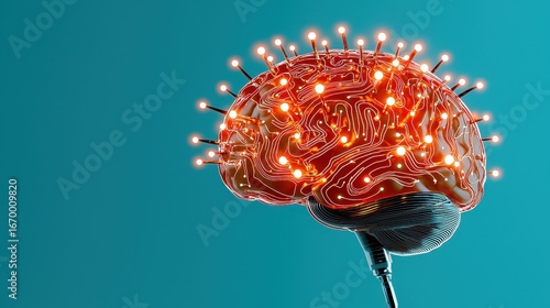 Glowing orange brain with light points on teal background. Digital illustration of human brain, glowing network, connection, technology, idea