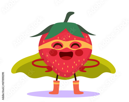 Charming cartoon illustration of a joyful super hero strawberry character. Clip art for children's products, healthy food campaigns, summer events, organic branding and fun mascot designs