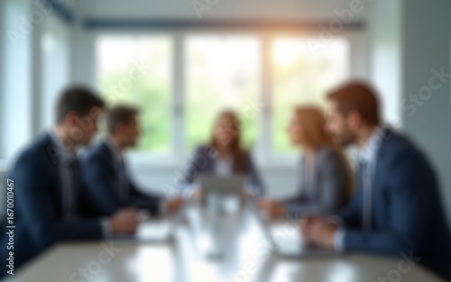 Blurred background of a modern office interior with blurred business people working in a team at a table. High quality
