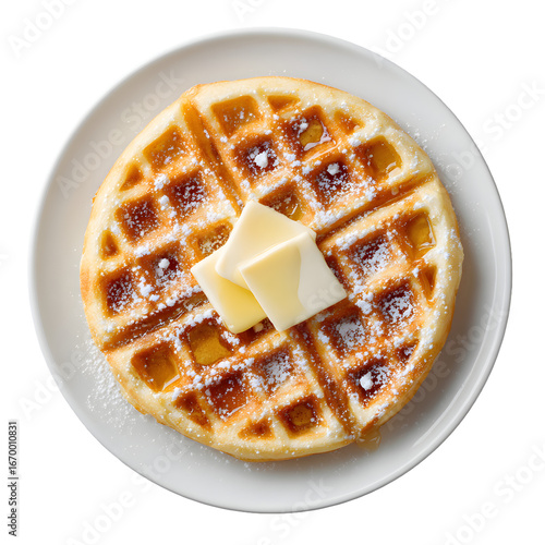 Golden waffle with butter and powdered sugar on white plate, top view, on transparent background, for cafe menu.
