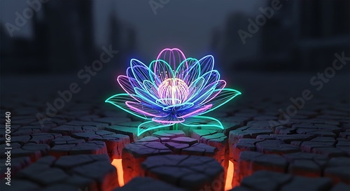 Neon lotus flower in cracked earth