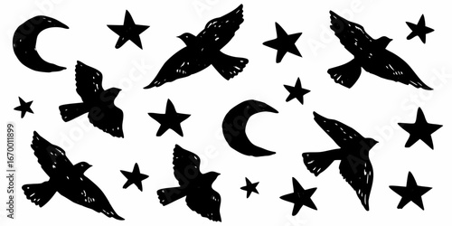 Black Silhouette Birds Flying with Moon and Stars Pattern vector illustration