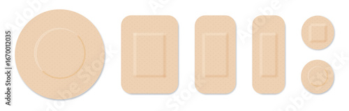 Medical plasters. Bandages set. Adhesive bandage for first aid for wounds operations and skin injuries. Protecting open wound from infection. Vector