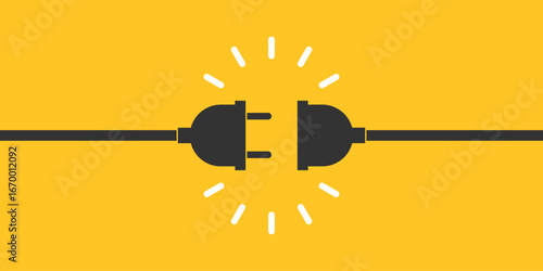Electric socket and plug graphic icon. Electricity connection or disconnection sign isolated on yellow background. Vector illustration