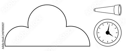 Cloud, telescope, and clock combine to symbolize digital storage, exploration, and time efficiency. Ideal for technology, exploration, data organization, time tracking future vision creativity