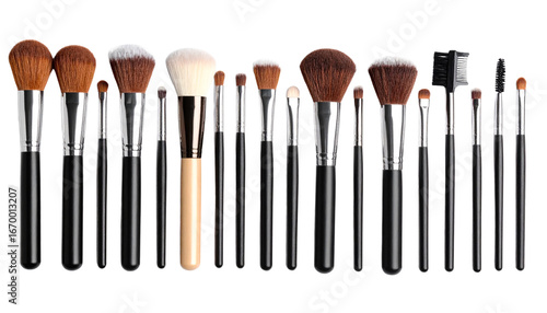 An isolated set of black makeup brushes on a white background