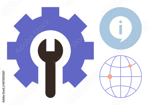 Gear with wrench for technical support, globe for global connectivity, and information icon for guidance. Ideal for technology, innovation, global service, problem-solving, support, networking