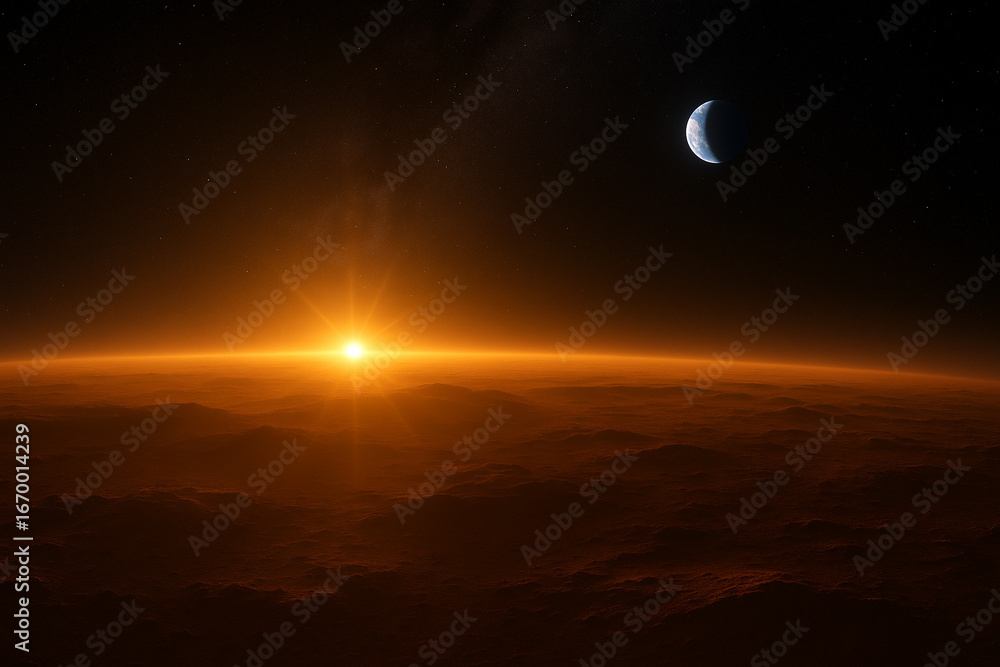 Fototapeta premium Cosmic Sunrise Over Planet Horizon with Crescent Moon in Space