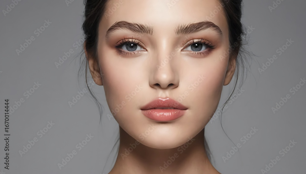Fototapeta premium Close up portrait of a young woman with makeup and light skin tone on a gray background in a studio