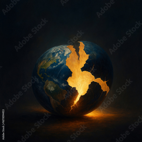 Globe with Cracks and Glowing Cross Fissure Representing Collapse
