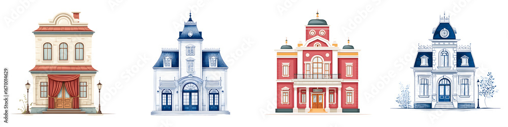 Obraz premium Collection of Four Victorian Style Buildings Illustration