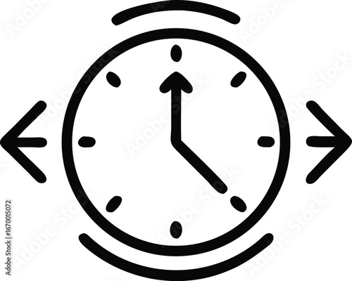 Simple line art icon of a clock face with arrows indicating time passing or a deadline approaching with a sense of urgency