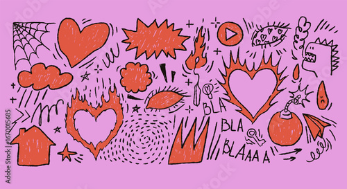 Crayon drawn punk doodle set with hearts, flames, bombs, eyes, comic sketch elements on pink background. Grunge chalk tattoo style illustration for posters, stickers.