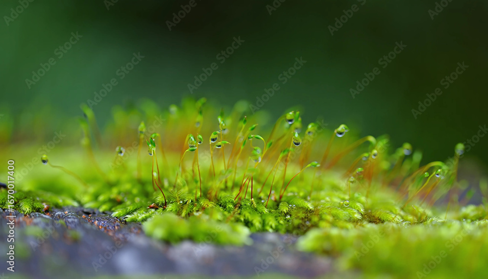 Fototapeta premium Closeup green moss and tiny plants on the ground in a spring forest