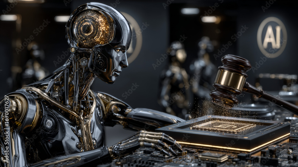 Fototapeta premium Alphabets AI on advanced central processing unit (CPU) chip and gavel and sound block in wireframe on electronic mother boards. 3D illustration of the concept of legislation and regulations of AI Act