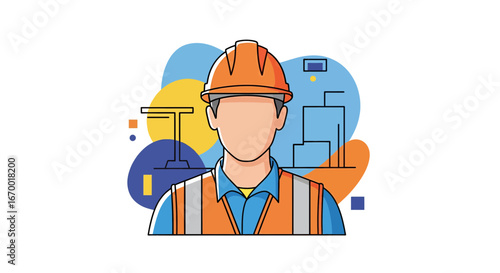 Construction worker portrait with building elements and safety gear