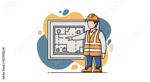 Construction worker presenting blueprint for building project