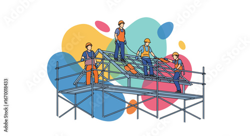 Construction workers on scaffolding building roof structure