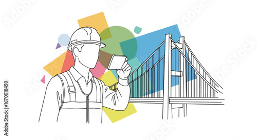 Construction worker using tablet near bridge outline