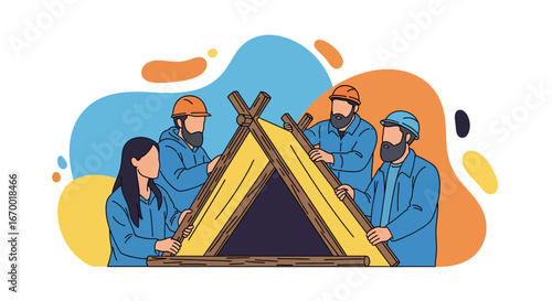 Construction workers building a roof frame teamwork