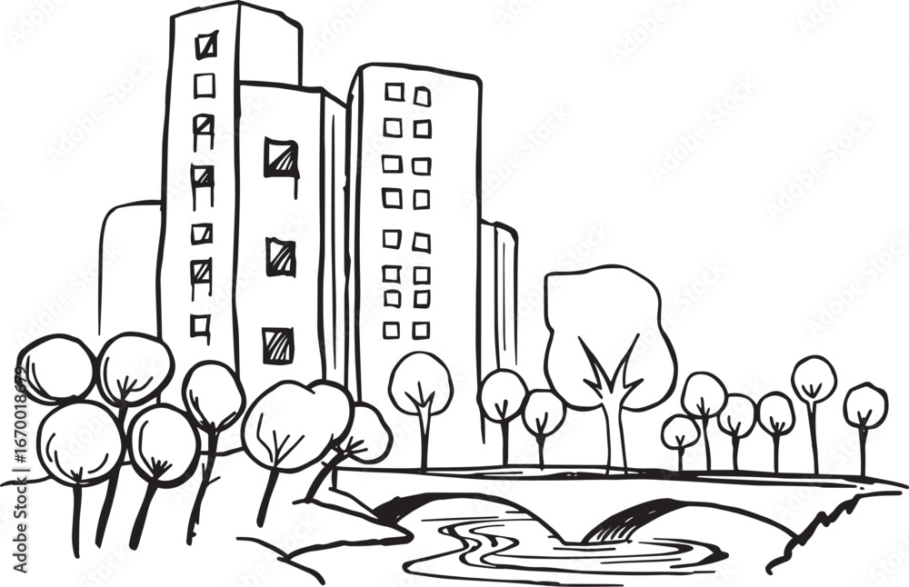 Obraz premium City landscape. Line urban backdrop. Different buildings on street, doodle street draw, outline cityscape hand sketch, flat houses. Hand drawn vector illustration