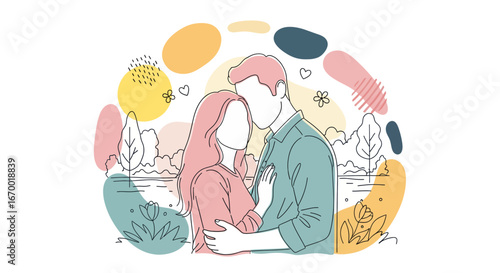 Couple embracing in park, romantic moment, outline style