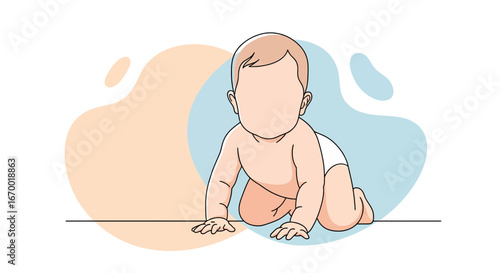 Crawling baby in diaper, simple outline style