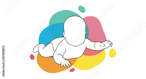 Crawling baby outline with colorful abstract shapes