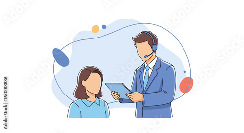 Customer service representative assisting client with tablet