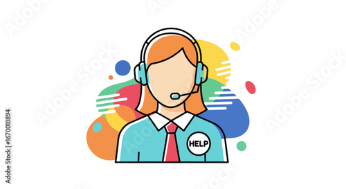 Customer service representative with headset and help sign
