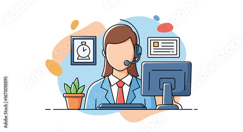 Customer service representative working at computer headset