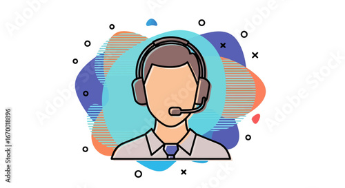 Customer service representative wearing headset, communication icon