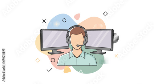 Customer support agent with monitors and headset