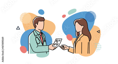 Doctor handing prescription to pharmacist healthcare scene