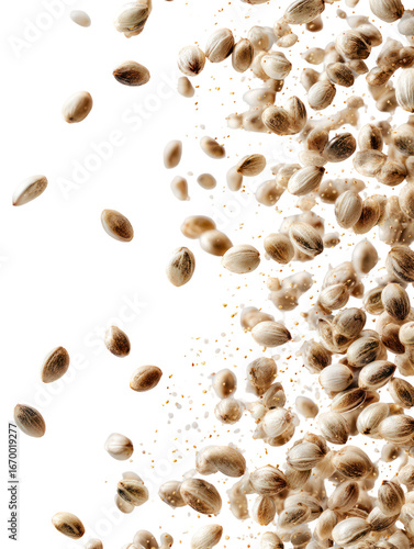 Hemp seeds scattering and falling from above on white background