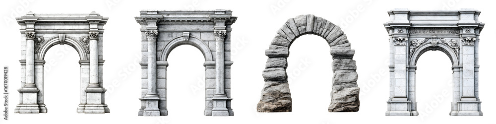 Fototapeta premium Collection of Stone Arches, Architectural Details, Vector, Isolated on White Background.