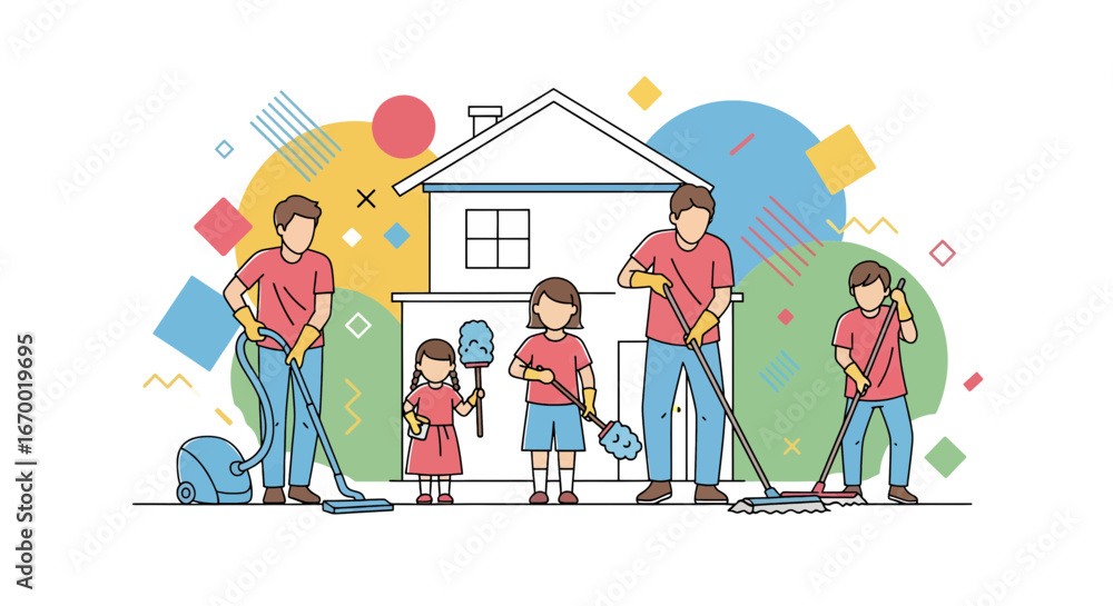 Fototapeta premium Family cleaning house together, chores, teamwork, home