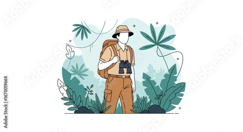 Explorer with binoculars in lush tropical forest scene