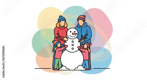 Family building snowman winter fun outdoor activity
