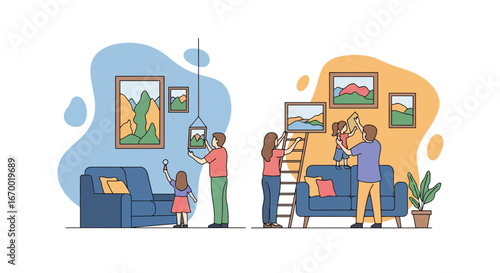 Family Decorating Home Interior with Pictures and Artwork