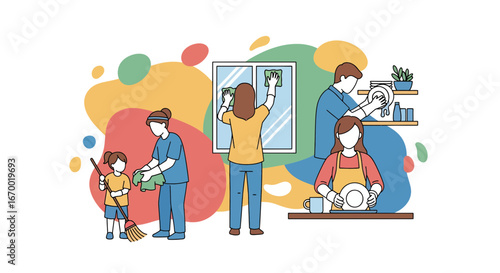 Family Cleaning Home Together, Domestic Chores, Happy Household