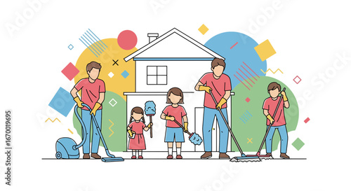 Family cleaning house together, chores, teamwork, home