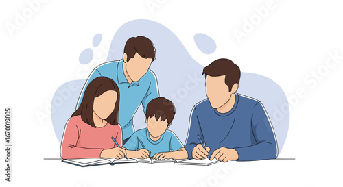 Family homework time, parents helping child with schoolwork