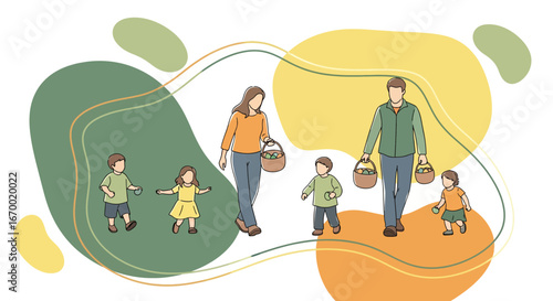 Family walking with baskets, children, parents, outdoor scene