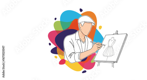 Fashion designer sketching dress on easel creative concept
