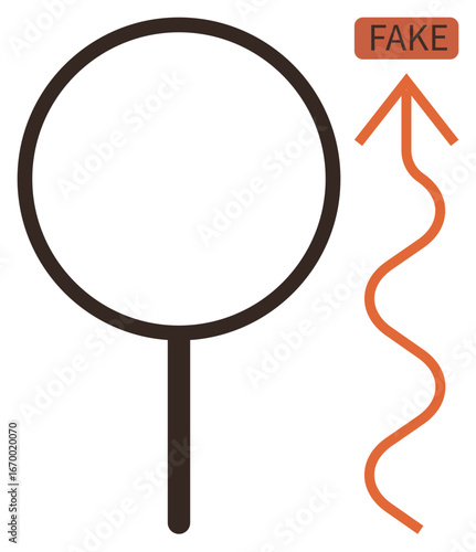 Magnifying glass focuses beside an orange wavy arrow leading to FAKE. Ideal for themes thumbs up inspection, truth, misinformation, investigation, fact-checking, authenticity, simple flat metaphor