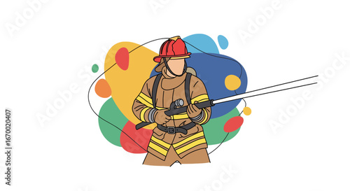 Firefighter with Hose Standing Ready for Emergency Response