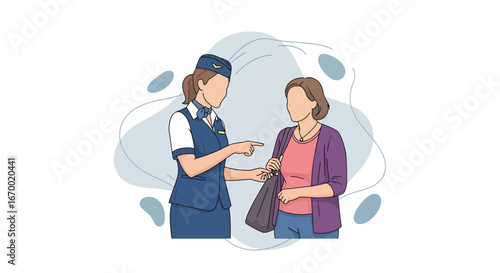 Flight attendant assisting passenger with boarding pass