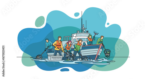 Fishing boat crew working on the ocean